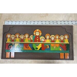 The Last Supper Folk Art Hand Made and Painted El Salvador Wood Wall Plaque 18x9